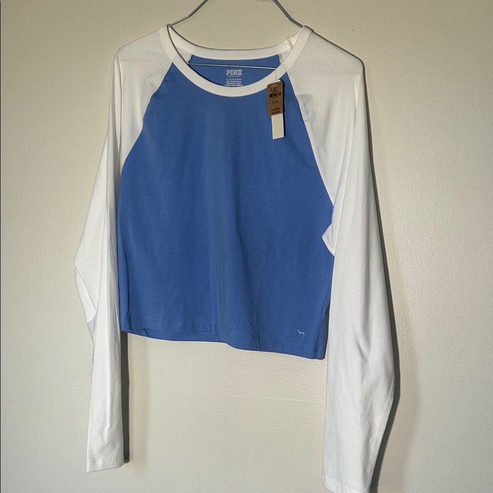 NEW PINK VS Vintage Blue and White Raglan Cropped Shirt Long Sleeve